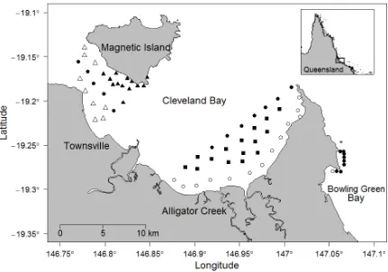 Fig. 3.1. Cleveland Bay, Queensland, Australia, locations of receivers in intertidal mudflat 