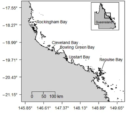 Fig. 3.6. Stable isotope sampling region for Rhizoprionodon taylori indicating the five sample 