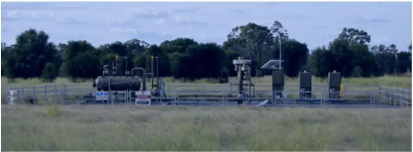 Figure 7. Fenced off operational CSG well pad (~12 x 8 m, initial construction area outside fenced area) (Arrow, 2012) 
