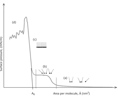 Fig 2-9 Typical π-A diagram of the Langmuir monolayer. (a) Gas phase; (b) liquid phase; (c) solid phase; and (d) monolayer collapse