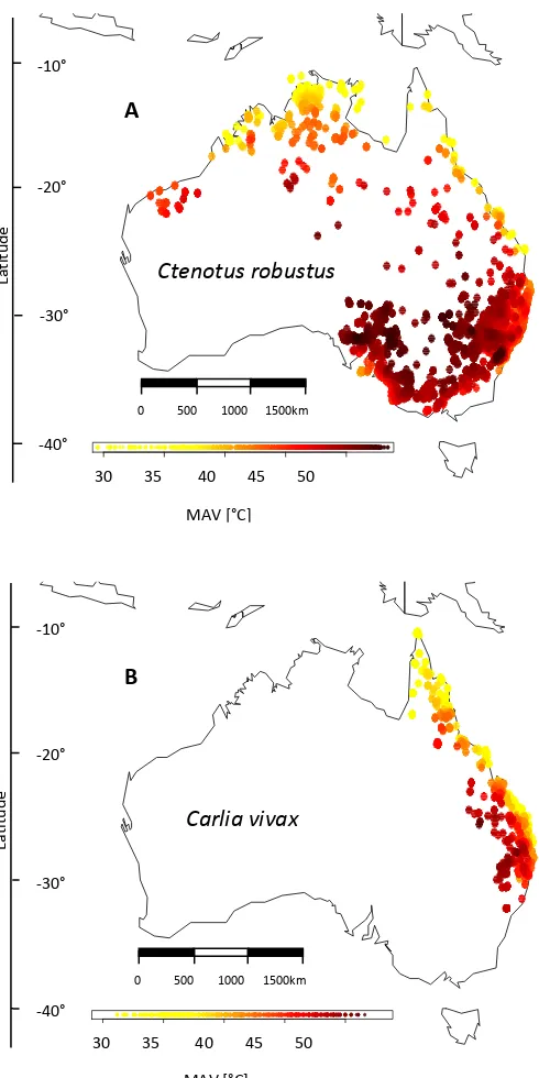 Fig.1.2 Maximum Annual Variability (MAV) measured as difference between absolute mean minimum and absolute mean maximum temperatures [°C] in two species with different distributions