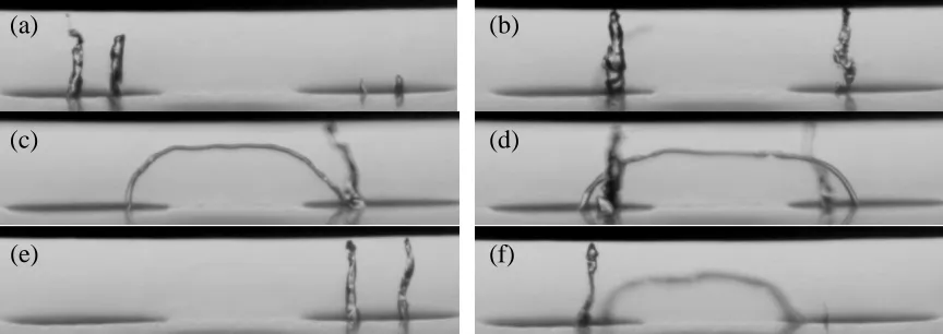 Figure 6. High resolution images of cavitation string variation in the standard hole- spacing geometry