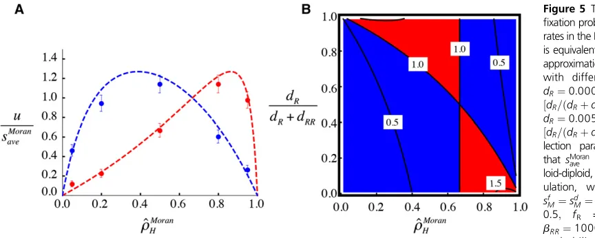 Figure 5 The dependence of thethan both a haploid-only and diploid-only populationthat for both a haploid-only and diploid-only populationMoran=sMoranMoranaveÞ is shown as a function of ^rH(x-axis) and1 ð0uMoran u dMoranR==sðMoranavedRs þMoran, dRR 1:Þ0 (Þ