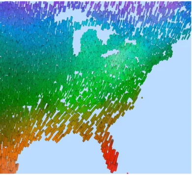 Figure 1.1: A visualization of a weather dataset using perceptual texture elements with cloud coverage → lumi-nance, temperature → hue, pressure → size, precipitation → orientation, and wind speed → density