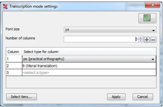 Figure 2: The interface of the transcription mode; the conﬁguration dialog.