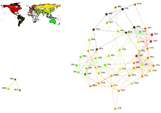 Figure 1. Equilibrium network for top 50 states by GDP. Nodes are colored to cor-respond to geographic region as detailed on the map.