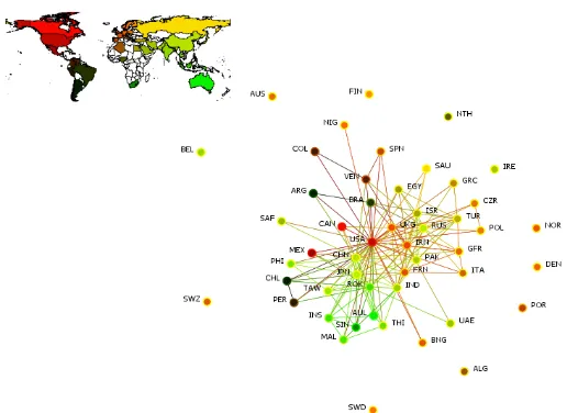 Figure 2. Observed cooperation among top 50 states. Links are formed based on newsstories of cooperative events as coded for the ICEWS project by JABARI.The threshold for cooperation was set at 118 acts to facilitate a similar den-sity in theoretical and e