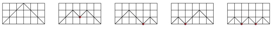 Figure 3: Dyck paths corresponding to cut-equivalence Classes 1–5 in S1235,2i, respectively.