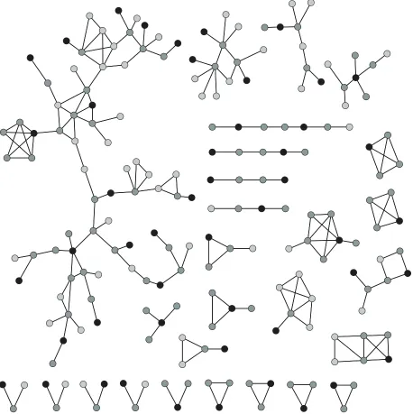 Fig 3. Snowball sample of PWID contact network used for model estimation. Waves are indicated by shade, from wave 0 (black) to wave 2 (light gray).