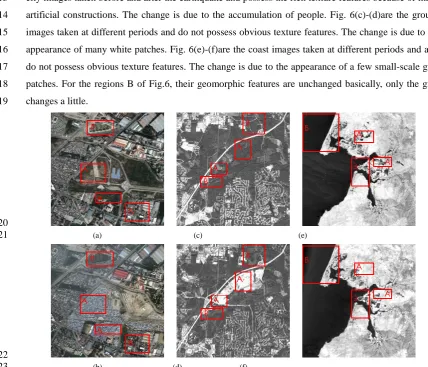 Fig. 6 Remote sensing images ofthe city (a) before earthquake and (b) after earthquake, the ground (c) before change and (d) after change, and the coast (a) before change and (b) after change