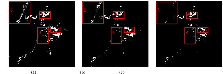 Fig. 10 Detection grayscales achieved on DATA2 in terms of (a) CS4VM, (b) PS3VM-D and (c) PM.A represents the changed 