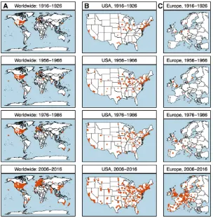 Figure 2 (A) A worldwide map of geographic locations ofintensity of color indicates frequency of publication froma particular location,Selected decades show signireaches of science, as well as local trends