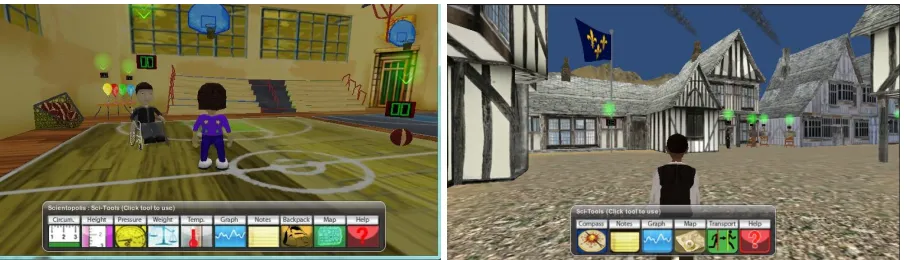 Figure 1: Screenshots from SAVE Science’s virtual environments. Left: the Basketball module