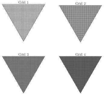 Figure 4.12: Triangular cavity ﬂow: the computational domain is discretised byfour Cartesian grids.