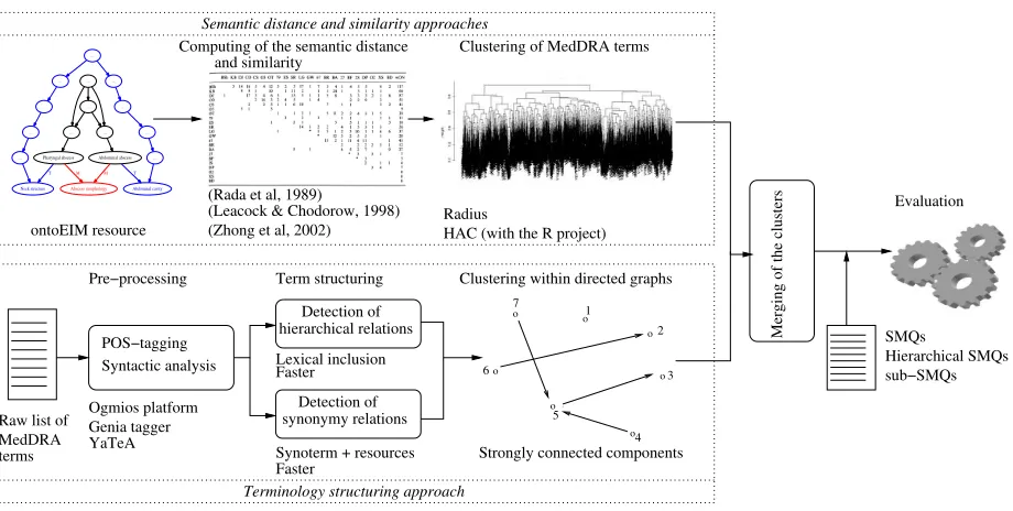 Figure 1: General schema of the experiment composed of four steps: (1) semantic distance approaches, (2) terminologystructuring approaches, (3) their combination and (4) their evaluation