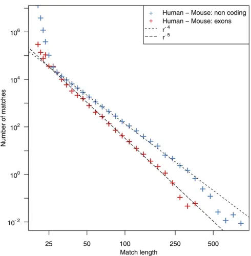 Figure 1 Two MLDs computed from the comparison of different subsetsare represented using a logarithmic binning to reduce the sampling noise(Newman 2005); seefrom the comparison of the RepeatMasked noncoding part of both ge-nomes (blue crosses) and the seco