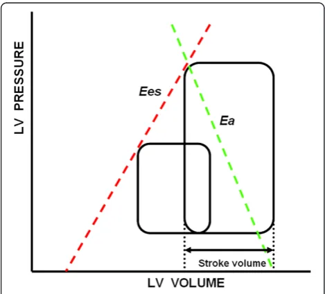 Figure 1 Pressure–volume relationship in a cardiac cycle.The slope of end-systolic elastance (Ees) (red line) represents theend-systolic pressure–volume relationship