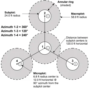 Figure 1.3—The Forest Inventory and Analysis mapped plot design. Subplot 1 is the center of the cluster with subplots 2, 3, and 4 located 120 feet away at azimuths of 360°, 120°, and 240°, respectively (Woudenberg and others 2010).