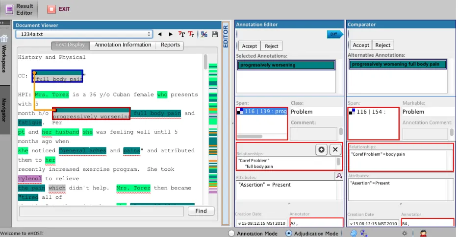 Figure 3. eHOST adjudication mode showing discrepant annotations between annotators A7 and B4