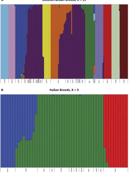 Figure 4 STRUCTURE analysis of (A) Mediterranean and (B) Italian dog breeds. Colors indicate separate STRUCTURE group signatures for individualdogs