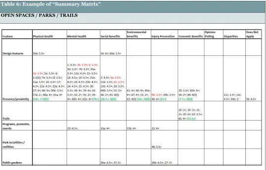 Table 6: Example of “Summary Matrix”  