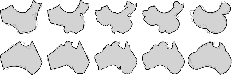 Fig. 6 illustrates results obtained on the outlines of China and Aus-tralia. For both outlines we have generated ﬂat schematizations(c = 1) and curvy schematizations (c = −1)
