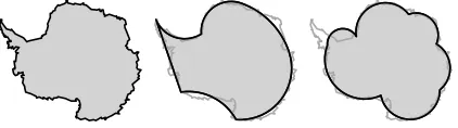 Figure 18: 6-arc Antarctica: regular (middle) and curvy style (right).Antarctica seems unsuitable for the curvy style.