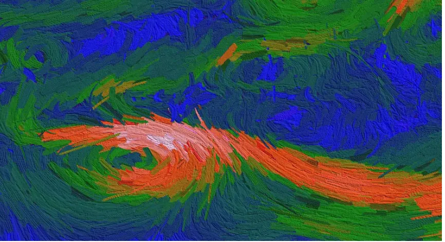 Figure 1.1: A glyph-based visualization of supernova data. The color, orientation, and size of the strokes representdata attributes