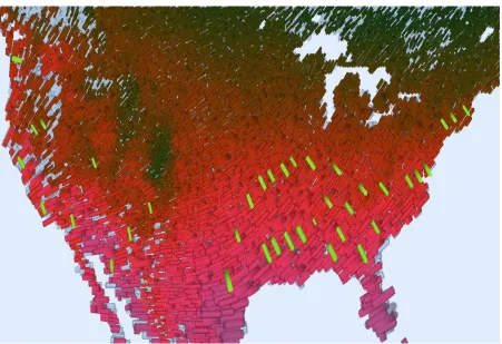 Figure 3.7: A visualization, created in our lab, of a 30 year average of March US weather conditions; Visualizingtemperature with color (dark blue to bright pink for cold to hot), wind speed with coverage (low to high coveragefor weak to strong), pressure with stroke size (small to large for low to high), wet day frequency with orientation(ﬂat to upright for light to heavy), and precipitation with bright highlight strokes on a top layer.