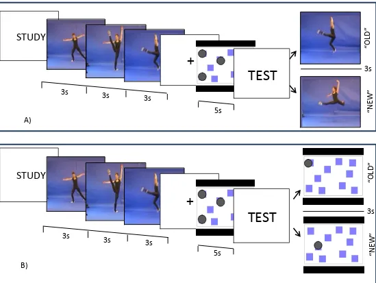 Figure 6. Experiment 2: Trial progression. Static interference trials are shown, with posture study format and posture (panel A) or location (panel B) test items