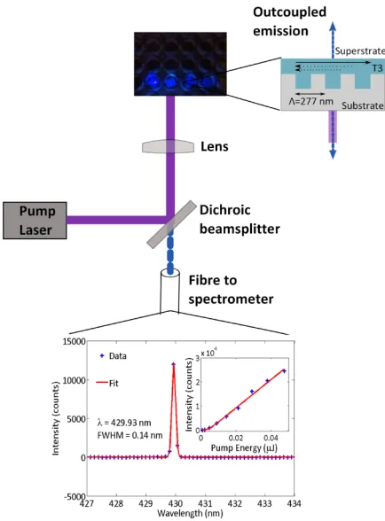 Fig. 1.Schematic representing the implementation of the organic laser sensor.Photograph shows T3 lasers in wells under UV illumination