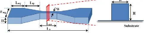 Fig. 1: A schematic of the nanowire structure connected with a feed waveguide and a tapered waveguide, and its cross section