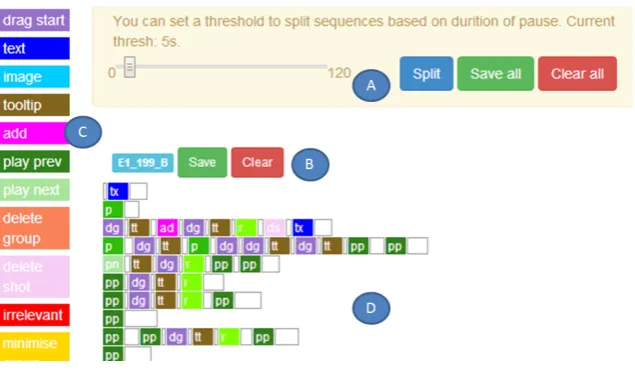 Figure 3: Screenshot of our segmentation tool. User can set a threshold in seconds for splitting segments (A)
