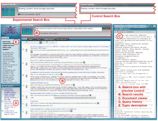 Figure 1: Screenshot of Querium interface with parts of the user interface marked. In the experiment two versions of the search boxwere used (top of ﬁgure).