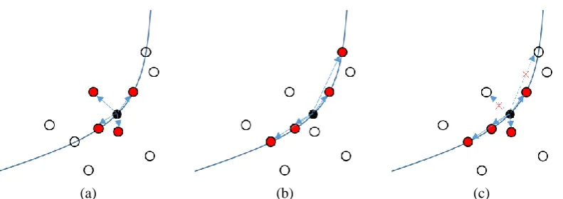 Fig. 1. Neighborhood construction by different methods: (a) NPE, (b) the L1-graph, and (c) the weighted sparse graph