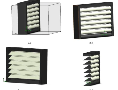 Figure 2. profile 1 a) full model with domain b) Back side view c) Front side view d) Cut section view of model 