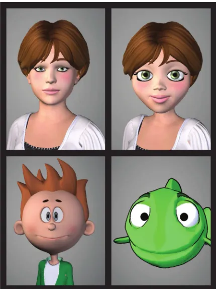 Figure 5: Four different characters with different eye geometry. Thecharacter on the upper left has realistic human proportions
