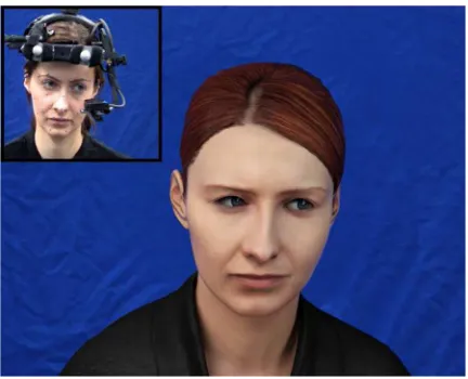 Figure 3: Eye movement capture using a head-mounted eyetrackingdevice, and corresponding virtual avatar displaying the recordedeye movements [MBB12].