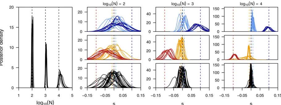 Figure 5 Power to infer selection and population size jointly. Here we show the posterior distributions on the population size (left panel) and locus-speciﬁc selection coefﬁcients obtained for ﬁve replicate simulations for each of three different populatio