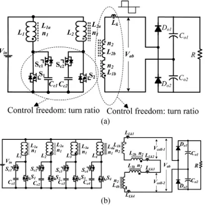 Fig. 1.DC–DC converter topologies with ﬂyback-forward cells. (a) Typicalﬂyback-forward converter [6]