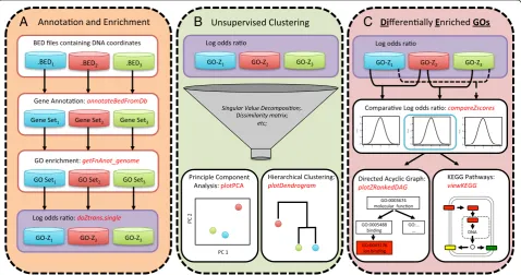 Fig. 1 Overview of the CompGO pipeline and implemented functions.into a single matrix for Principle Component Analysis or Hierarchical Clustering, via a The “annotateBedFromDb” function annotates DNA coordinates fromBED files against transcript coordinates