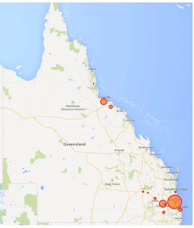 Figure 21 – Distribution of project locations around QLD (Google Maps 2013) 