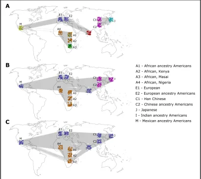 Figure C: Community detection usingnity assigned by the algorithm. For visualization purpose, individuals are placed on the worldmap roughly corresponding to their ancestry.A) Threshold 0.196, 0.208 for East Asian component FastGreedy algorithm on three ne