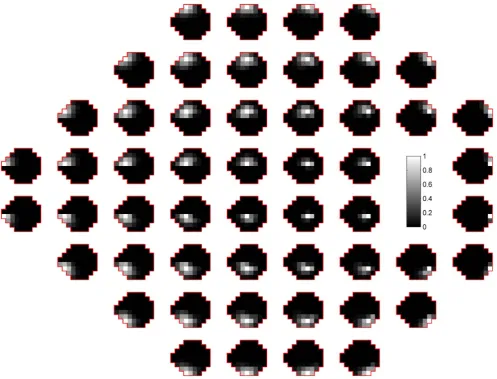 Figure 2. Spatial correlation Slocation and all locations in the visual field. The grayscale bar, shown at the location of the blind spot, indicates the level of correlation