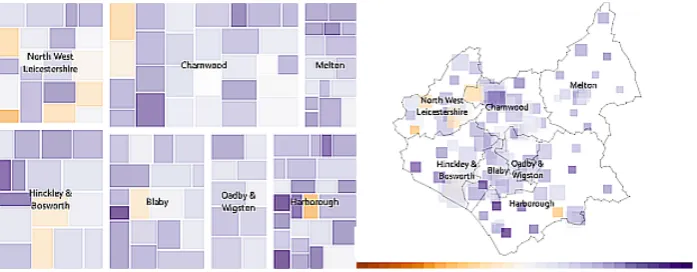 Figure 1. A SOT (left) and a conventional geographical map (right) of Leicester-ley & Bosworth is more evident in the population sized SOT when compared to the vices