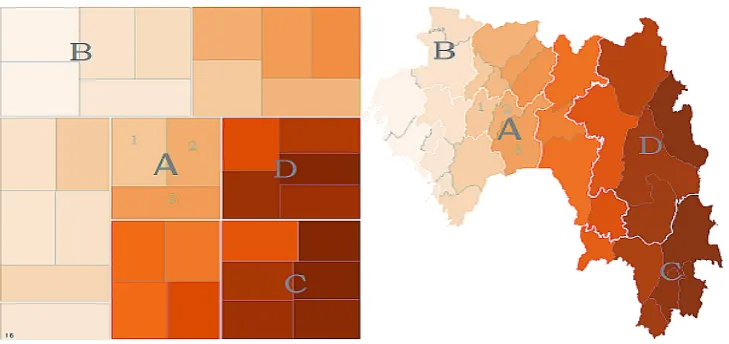 Figure 2. A SOT and equivalent Choropleth map showing the geographic hierarchy: the whole area, regions (A,B,C,D) and districts (1,2,3) 