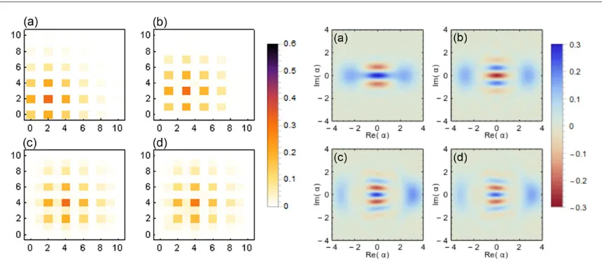Figure 5. Density matrix amplitude plots(blocks clearly indicate thenumericalthe Wigner function plots, interference fringes can be clearly seen, with the central fringe changing color between even and odd SCSs,while some distortions are caused by imperfec
