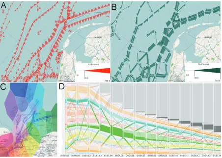 Figure 7. A, B: Flow maps based on finer (A) and coarser (B) territory divisions. C, D: Exploration of sequences of visited areas