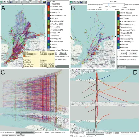 Figure 1. A: An interactive map with trajectories of ships shown as lines with 10% opacity
