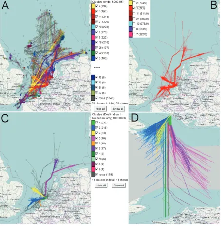 Figure 2. Interactive progressive clustering of trajectories. A: The ship trajectories have been clustered according to the destinations